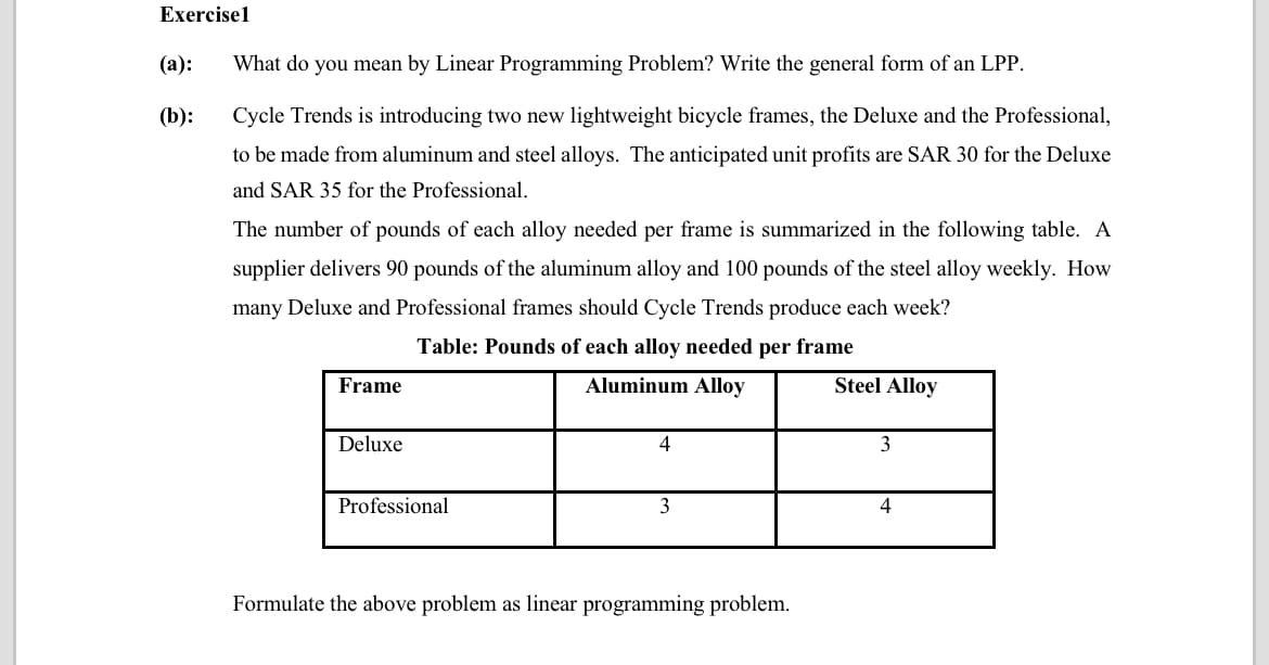 Exercisel
(а):
What do you mean by Linear Programming Problem? Write the general form of an LPP.
(b):
Cycle Trends is introducing two new lightweight bicycle frames, the Deluxe and the Professional,
to be made from aluminum and steel alloys. The anticipated unit profits are SAR 30 for the Deluxe
and SAR 35 for the Professional.
The number of pounds of each alloy needed per frame is summarized in the following table. A
supplier delivers 90 pounds of the aluminum alloy and 100 pounds of the steel alloy weekly. How
many Deluxe and Professional frames should Cycle Trends produce each week?
Table: Pounds of each alloy needed per frame
Frame
Aluminum Alloy
Steel Alloy
Deluxe
4
3
Professional
3
4
Formulate the above problem as linear programming problem.
