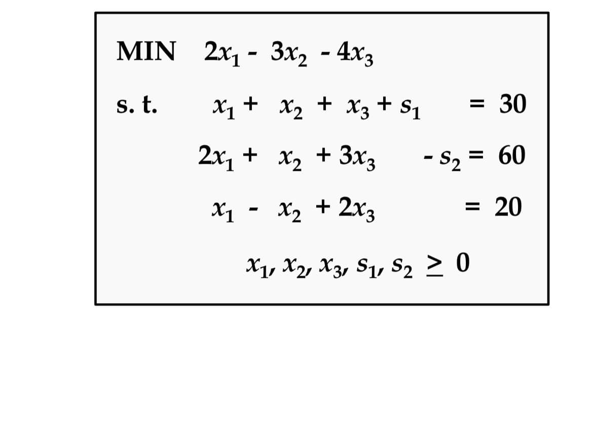 MIN 2*1- Зx, - 4хз
4x3
s. t.
x1 + x2 + x3 + s1
= 30
2x, + x2 + 3x3
- S2 = 60
%3
X1
X2 + 2x3
= 20
%|
X1, X2, X3, S1, S2 > 0
