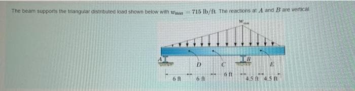 The beam supports the triangular distributed load shown below with wma
715 lb/ft The reactions at A and B are vertical
W.
D.
E
6 ft
6 ft
6 ft
4.5 ft 4.5 t
