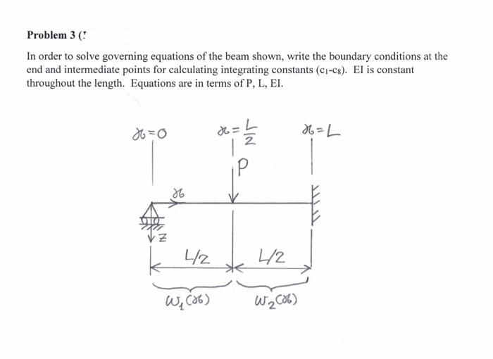 Problem 3 (
In order to solve governing equations of the beam shown, write the boundary conditions at the
end and intermediate points for calculating integrating constants (ci-cs). El is constant
throughout the length. Equations are in terms of P, L, EI.
d = L
k 42
/2
W C86)
