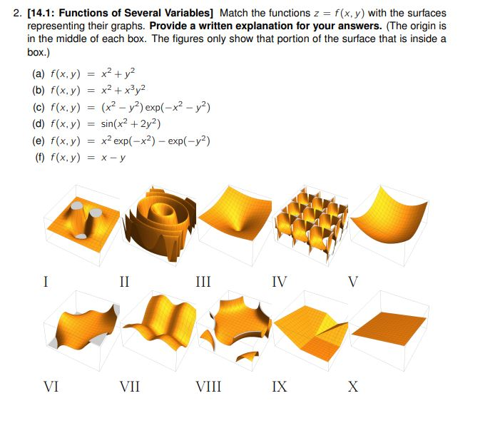 2. [14.1: Functions of Several Variables] Match the functions z = f(x, y) with the surfaces
representing their graphs. Provide a written explanation for your answers. (The origin is
in the middle of each box. The figures only show that portion of the surface that is inside a
box.)
(a) f(x,y)
x? + y?
(b) f(x, y)
x2 + x³y?
(c) f(x, y) = (x2 - y?) exp(-x? - y²)
(d) f(x, y)
sin(x? +2y?)
(e) f(x, y)
x? еxp(-x?) - еxp(-у?)
(f) f(x, y) = x - y
I
II
III
IV
V
VI
VII
VIII
IX
X
