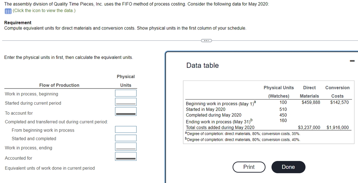 The assembly division of Quality Time Pieces, Inc. uses the FIFO method of process costing. Consider the following data for May 2020:
(Click the icon to view the data.)
Requirement
Compute equivalent units for direct materials and conversion costs. Show physical units in the first column of your schedule.
Enter the physical units in first, then calculate the equivalent units.
Flow of Production
Work in process, beginning
Started during current period
To account for
Completed and transferred out during current period:
From beginning work in process
Started and completed
Work in process, ending
Accounted for
Equivalent unts of work done in current period
Physical
Units
Data table
Beginning work in process (May 1)ª
Started in May 2020
Physical Units
(Watches)
100
510
450
160
Print
Completed during May 2020
Ending work in process (May 31)b
Total costs added during May 2020
a Degree of completion: direct materials, 80%; conversion costs, 35%.
Degree of completion: direct materials, 80%; conversion costs, 40%.
Direct Conversion
Materials Costs
$459,888 $142,570
Done
$3,237,000
$1,916,000