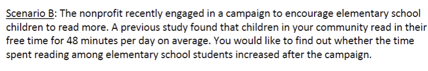 Scenario B: The nonprofit recently engaged in a campaign to encourage elementary school
children to read more. A previous study found that children in your community read in their
free time for 48 minutes per day on average. You would like to find out whether the time
spent reading among elementary school students increased after the campaign.