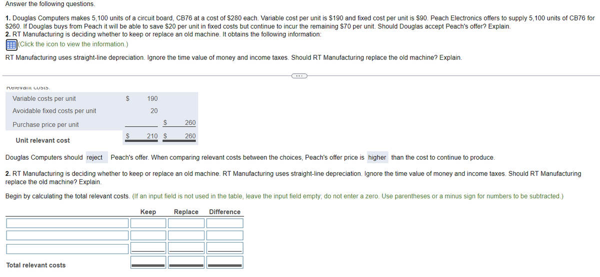 Answer the following questions.
1. Douglas Computers makes 5,100 units of a circuit board, CB76 at a cost of $280 each. Variable cost per unit is $190 and fixed cost per unit is $90. Peach Electronics offers to supply 5,100 units of CB76 for
$260. If Douglas buys from Peach it will be able to save $20 per unit in fixed costs but continue to incur the remaining $70 per unit. Should Douglas accept Peach's offer? Explain.
2. RT Manufacturing is deciding whether to keep or replace an old machine. It obtains the following information:
(Click the icon to view the information.)
RT Manufacturing uses straight-line depreciation. Ignore the time value of money and income taxes. Should RT Manufacturing replace the old machine? Explain.
Relevant CUSIS
Variable costs per unit
Avoidable fixed costs per unit
Purchase price per unit
Unit relevant cost
$
Total relevant costs
190
20
$
$ 210 $
260
260
C...
Douglas Computers should reject Peach's offer. When comparing relevant costs between the choices, Peach's offer price is higher than the cost to continue to produce.
2. RT Manufacturing is deciding whether to keep or replace an old machine. RT Manufacturing uses straight-line depreciation. Ignore the time value of money and income taxes. Should RT Manufacturing
replace the old machine? Explain.
Begin by calculating the total relevant costs. (If an input field is not used in the table, leave the input field empty; do not enter a zero. Use parentheses or a minus sign for numbers to be subtracted.)
Keep Replace Difference