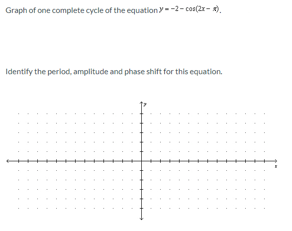 ### Graph of one complete cycle of the equation \( y = -2 - \cos(2x - \pi) \).

---

**Identify the period, amplitude and phase shift for this equation.**

---

#### Explanation of the Graph:
The graph shown is a Cartesian plane with the x-axis and y-axis marked. There are no specific plots or curves visible, but it is mentioned that it relates to the trigonometric equation \( y = -2 - \cos(2x - \pi) \).

#### Understanding the Given Equation:
1. **Equation:** \( y = -2 - \cos(2x - \pi) \)

2. **Cosine Function Analysis:**
   - The equation is in the form \( y = A + B \cdot \cos(Cx + D) \), where:
      - \( A = -2 \)
      - \( B = -1 \)
      - \( C = 2 \)
      - \( D = -\pi \)

3. **Amplitude:**
   - Amplitude \( = |B| \)
   - Here, the amplitude \( = |-1| = 1 \).

4. **Period:**
   - The period \( T \) of the function \( \cos(Cx) \) is given by \( \frac{2\pi}{C} \).
   - In this case, \( C = 2 \).
   - Therefore, \( T = \frac{2\pi}{2} = \pi \).

5. **Phase Shift:**
   - The phase shift \( \phi \) is calculated by solving \( Cx + D = 0 \).
   - Here, \( 2x - \pi = 0 \implies x = \frac{\pi}{2} \).
   - Therefore, the phase shift is \( \frac{\pi}{2} \).

#### Conclusion:
- **Amplitude:** 1
- **Period:** \( \pi \)
- **Phase Shift:** \( \frac{\pi}{2} \)

The graph would typically plot one full cycle of the cosine function, considering the period and phase shift calculated above. The vertical shift is down 2 units due to the -2 term in the equation.