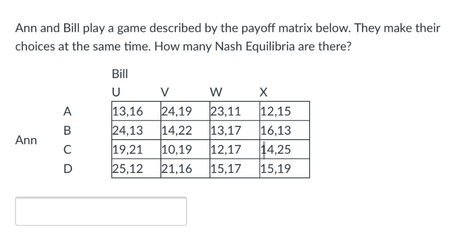 Ann and Bill play a game described by the payoff matrix below. They make their
choices at the same time. How many Nash Equilibria are there?
Bill
V
W
13,16
24,19
23,11
13,17
A
12,15
16,13
14,25
15,19
В
24,13
14,22
Ann
C
19,21
10,19
12,17
25,12
21,16
15,17
