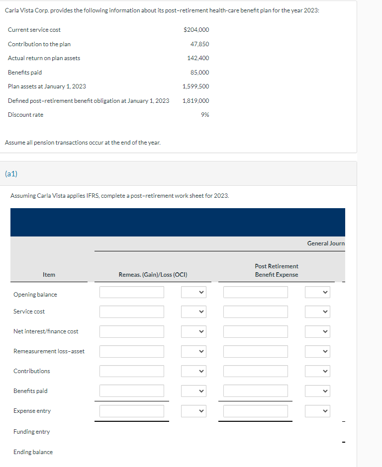 Carla Vista Corp. provides the following information about its post-retirement health-care benefit plan for the year 2023:
Current service cost
Contribution to the plan
Actual return on plan assets
$204,000
47,850
142,400
85,000
Benefits paid
Plan assets at January 1, 2023
1,599,500
Defined post-retirement benefit obligation at January 1, 2023
1,819,000
Discount rate
9%
Assume all pension transactions occur at the end of the year.
(a1)
Assuming Carla Vista applies IFRS, complete a post-retirement work sheet for 2023.
Item
Remeas. (Gain)/Loss (OCI)
Opening balance
Service cost
Net interest/finance cost
Remeasurement loss-asset
Contributions
Benefits paid
Expense entry
Funding entry
Ending balance
>
>
>
>
Post Retirement
Benefit Expense
General Journ
>
>