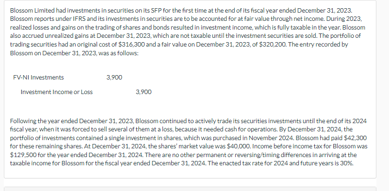 Blossom Limited had investments in securities on its SFP for the first time at the end of its fiscal year ended December 31, 2023.
Blossom reports under IFRS and its investments in securities are to be accounted for at fair value through net income. During 2023,
realized losses and gains on the trading of shares and bonds resulted in investment income, which is fully taxable in the year. Blossom
also accrued unrealized gains at December 31, 2023, which are not taxable until the investment securities are sold. The portfolio of
trading securities had an original cost of $316,300 and a fair value on December 31, 2023, of $320,200. The entry recorded by
Blossom on December 31, 2023, was as follows:
FV-NI Investments
3,900
Investment Income or Loss
3,900
Following the year ended December 31, 2023, Blossom continued to actively trade its securities investments until the end of its 2024
fiscal year, when it was forced to sell several of them at a loss, because it needed cash for operations. By December 31, 2024, the
portfolio of investments contained a single investment in shares, which was purchased in November 2024. Blossom had paid $42,300
for these remaining shares. At December 31, 2024, the shares' market value was $40,000. Income before income tax for Blossom was
$129,500 for the year ended December 31, 2024. There are no other permanent or reversing/timing differences in arriving at the
taxable income for Blossom for the fiscal year ended December 31, 2024. The enacted tax rate for 2024 and future years is 30%.