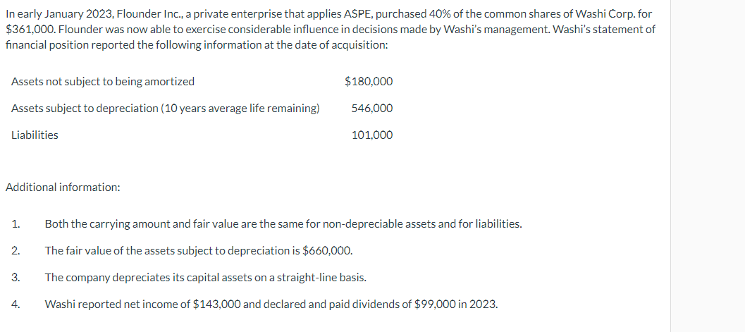 In early January 2023, Flounder Inc., a private enterprise that applies ASPE, purchased 40% of the common shares of Washi Corp. for
$361,000. Flounder was now able to exercise considerable influence in decisions made by Washi's management. Washi's statement of
financial position reported the following information at the date of acquisition:
Assets not subject to being amortized
Assets subject to depreciation (10 years average life remaining)
Liabilities
Additional information:
2.
3.
$180.000
1. Both the carrying amount and fair value are the same for non-depreciable assets and for liabilities.
The fair value of the assets subject to depreciation is $660,000.
The company depreciates its capital assets on a straight-line basis.
Washi reported net income of $143,000 and declared and paid dividends of $99,000 in 2023.
4.
546,000
101,000