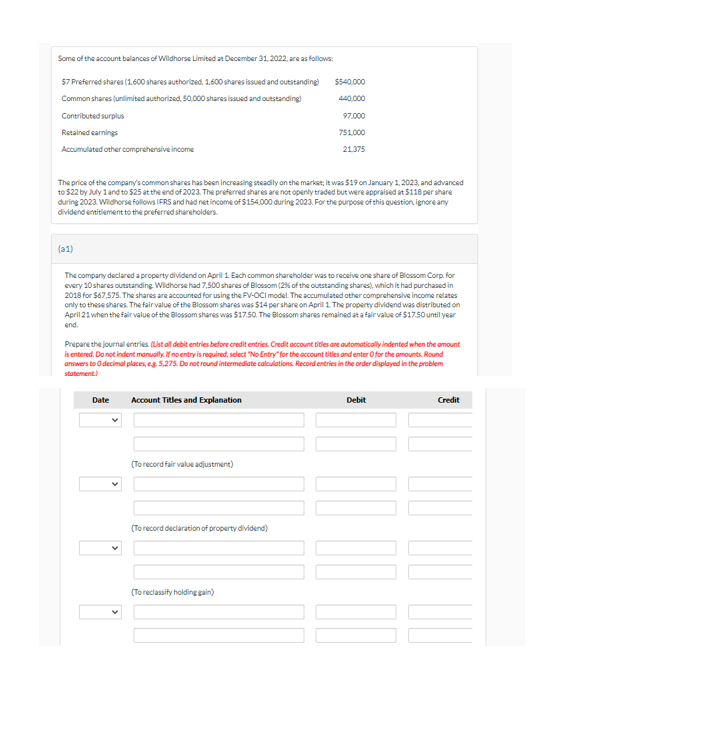 Some of the account balances of Wildhorse Limited at December 31, 2022, are as follows:
$7 Preferred shares (1.600 shares authorized, 1.600 shares issued and outstanding)
Common shares (unlimited authorized, 50.000 shares issued and outstanding)
Contributed surplus
Retained earnings
Accumulated other comprehensive income
(31)
The price of the company's common shares has been increasing steadily on the market; it was $19 on January 1, 2023, and advanced
to $22 by July 1 and to $25 at the end of 2023. The preferred shares are not openly traded but were appraised at $118 per share
during 2023. Wildhorse follows IFRS and had net income of $154,000 during 2023. For the purpose of this question, ignore any
dividend entitlement to the preferred shareholders.
The company declared a property dividend on April 1. Each common shareholder was to receive one share of Blossom Corp. for
every 10 shares outstanding Wildhorse had 7,500 shares of Blossom (2% of the outstanding shares), which it had purchased in
2018 for $67,575. The shares are accounted for using the FV-OCI model. The accumulated other comprehensive income relates
only to these shares. The fair value of the Blossom shares was $14 per share on April 1. The property dividend was distributed on
April 21 when the fair value of the Blossom shares was $17.50. The Blossom shares remained at a fair value of $17.50 until year
end.
Date Account Titles and Explanation
Prepare the journal entries. (List all debit entries before credit entries. Credit account titles are automatically indented when the amount
is entered. Do not indent manually. If no entry is required, select "No Entry" for the account titles and enter Ofor the amounts. Round
answers to O decimal places, e.g. 5,275. Do not round intermediate calculations. Record entries in the order displayed in the problem
statement.)
7
$540,000
440,000
(To record fair value adjustment)
97.000
751.000
21,375
(To record declaration of property dividend)
(To reclassify holding gain)
Debit
Credit