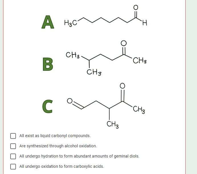 A
A H3C
H.
CH3
CH3
ČH3
C
CH3
ČH3
All exist as liquid carbonyl compounds.
Are synthesized through alcohol oxidation.
All undergo hydration to form abundant amounts of geminal diols.
All undergo oxidation to form carboxylic acids.
