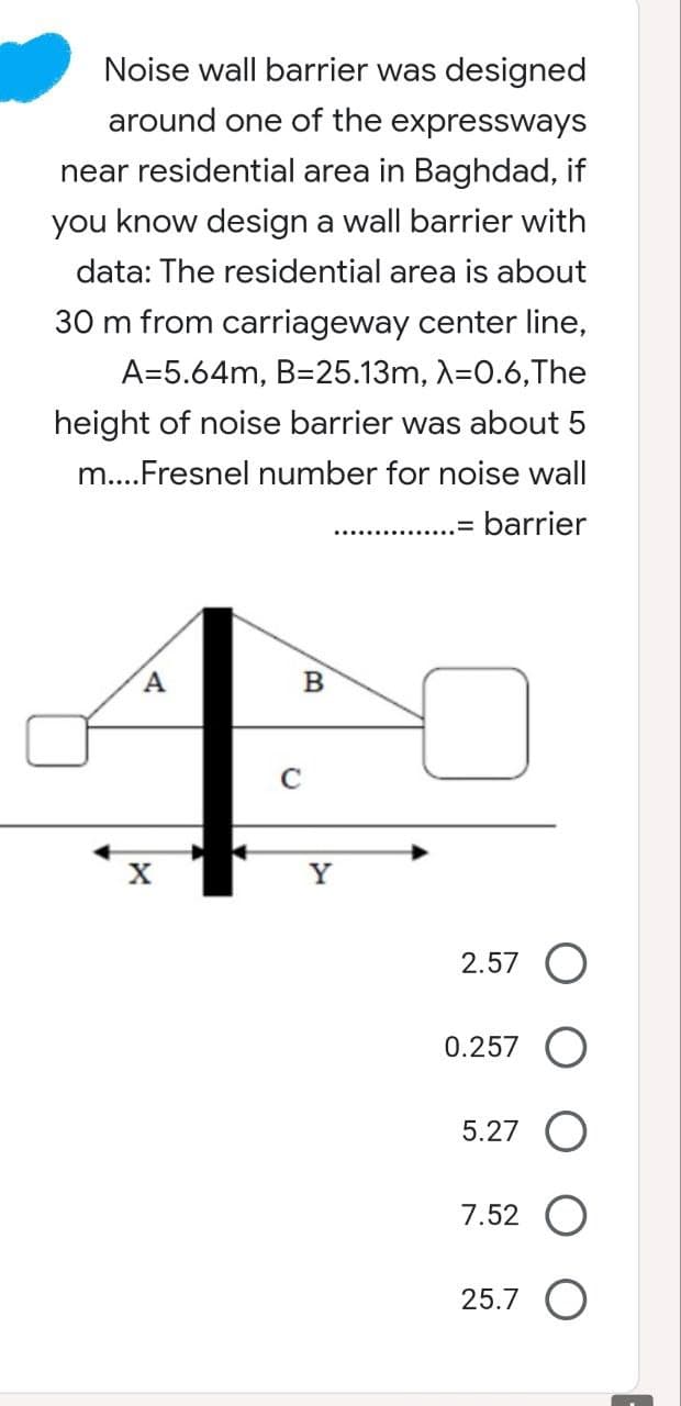 Noise wall barrier was designed
around one of the expressways
near residential area in Baghdad, if
you know design a wall barrier with
data: The residential area is about
30 m from carriageway center line,
A=5.64m, B=25.13m, λ=0.6, The
height of noise barrier was about 5
m....Fresnel number for noise wall
.= barrier
A
B
2.57 O
0.257
5.27 O
7.52 O
25.7 O
X
4
Y