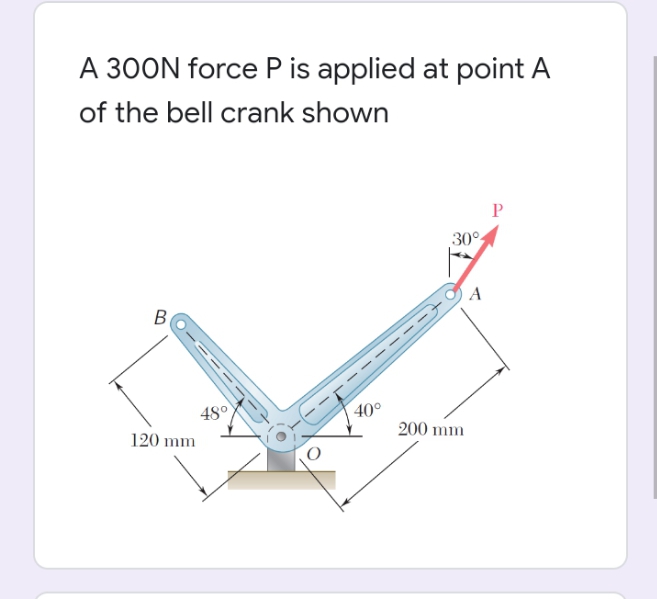 A 300N force P is applied at point A
of the bell crank shown
30°
A
В
48°
40°
120 mm
200 mm
