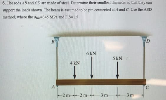 5. The rods AB and CD are made of steel. Determine their smallest diameter so that they can
support the loads shown. The beam is assumed to be pin connected at A and C. Use the ASD
method, where the dail=345 MPa and F.S=1.5
B
D
6 kN
5 kN
A
4 kN
-2 m 2 m
-3 m
-3 m