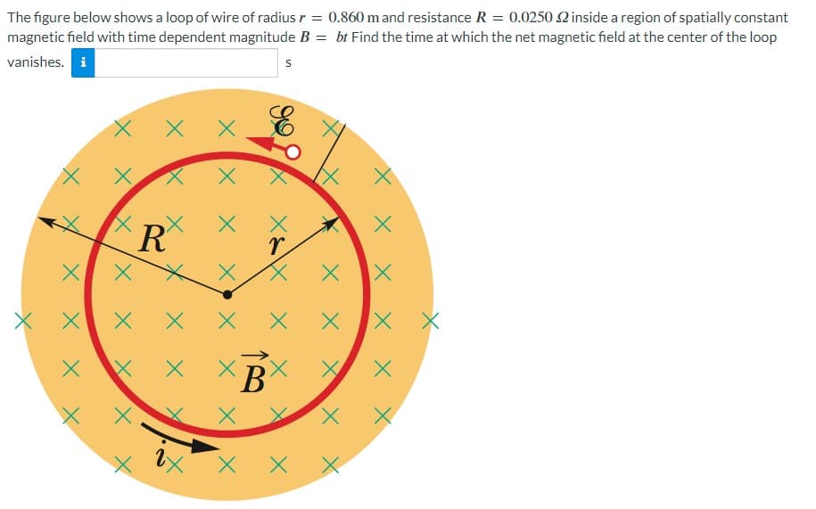 The figure below shows a loop of wire of radius r = 0.860 m and resistance R = 0.0250 2 inside a region of spatially constant
magnetic field with time dependent magnitude B = bt Find the time at which the net magnetic field at the center of the loop
vanishes. i
X
X
X
X
X
x
X
X
R
x
x
X
x
X
X
S
r
B
X
X
X
x
X
X
X
X
X
X