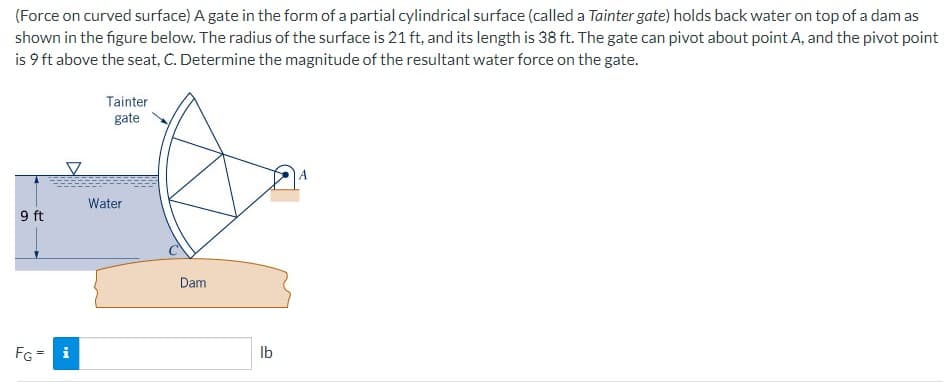 (Force on curved surface) A gate in the form of a partial cylindrical surface (called a Tainter gate) holds back water on top of a dam as
shown in the figure below. The radius of the surface is 21 ft, and its length is 38 ft. The gate can pivot about point A, and the pivot point
is 9 ft above the seat, C. Determine the magnitude of the resultant water force on the gate.
9 ft
FG =
i
Tainter
gate
Water
Dam
lb
A