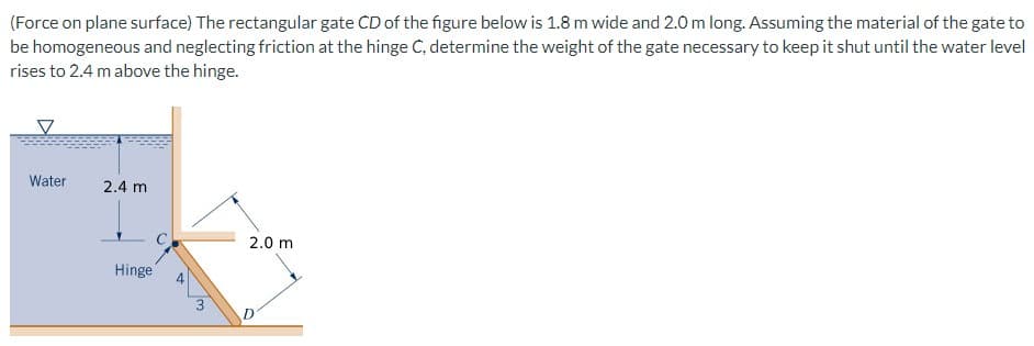 (Force on plane surface) The rectangular gate CD of the figure below is 1.8 m wide and 2.0 m long. Assuming the material of the gate to
be homogeneous and neglecting friction at the hinge C, determine the weight of the gate necessary to keep it shut until the water level
rises to 2.4 m above the hinge.
Water
2.4 m
Hinge
3
2.0 m
D