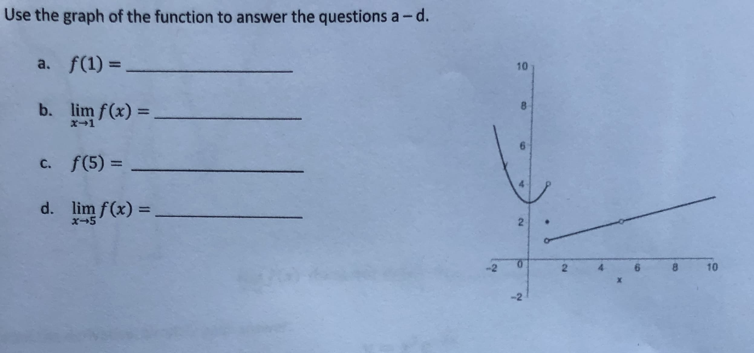 Use the graph of the function to answer the questions a- d.
a. f(1) =
10
b. lim f(x) =
X-1
C. f(5) =
%3D
d. lim f(x) =
x-5
-2
4.
10
2.
