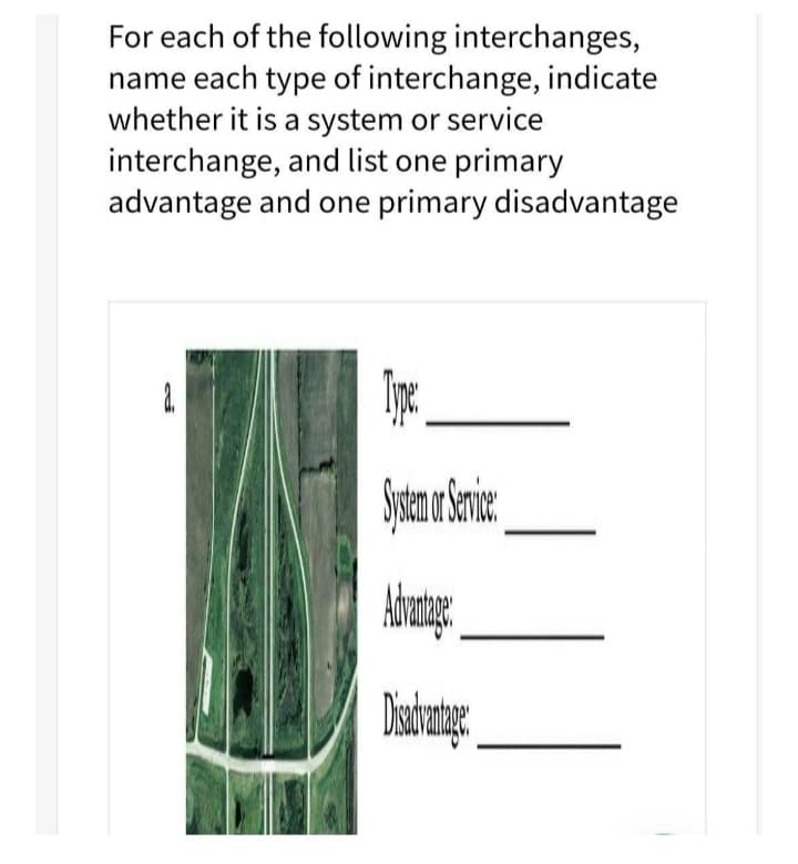 For each of the following interchanges,
name each type of interchange, indicate
whether it is a system or service
interchange, and list one primary
advantage and one primary disadvantage
善 夏
董
