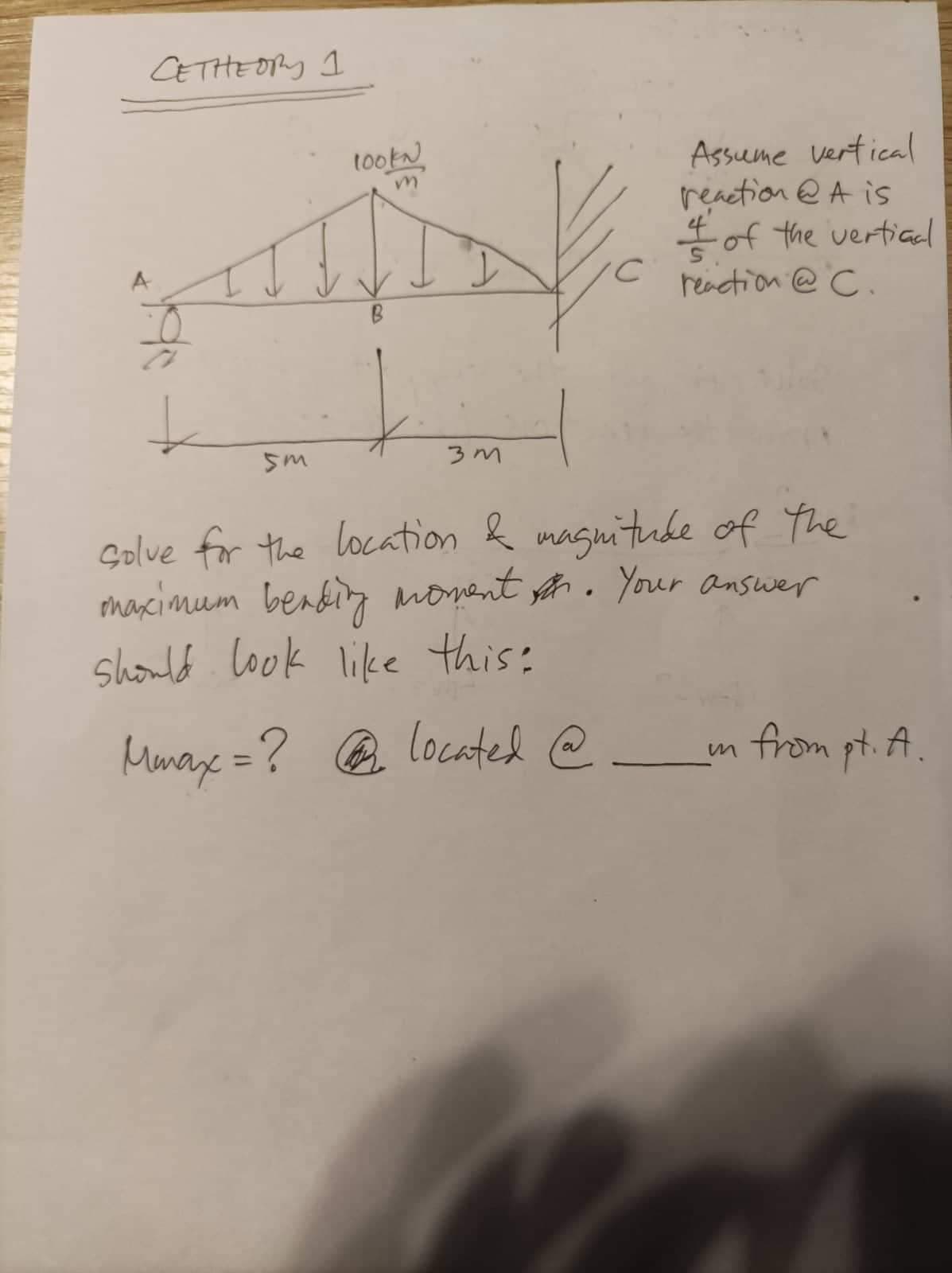 CETHEORY I
Assume vertical
reaction @ A is
fof the vertiad
C renction @ C.
tookN
Sm
Golve for the loccation k magnitude of The
rhacimum benkiz monent An. Your answer
should look like this:
Munaye =? @ located @
from pt. A.
%3D
in
