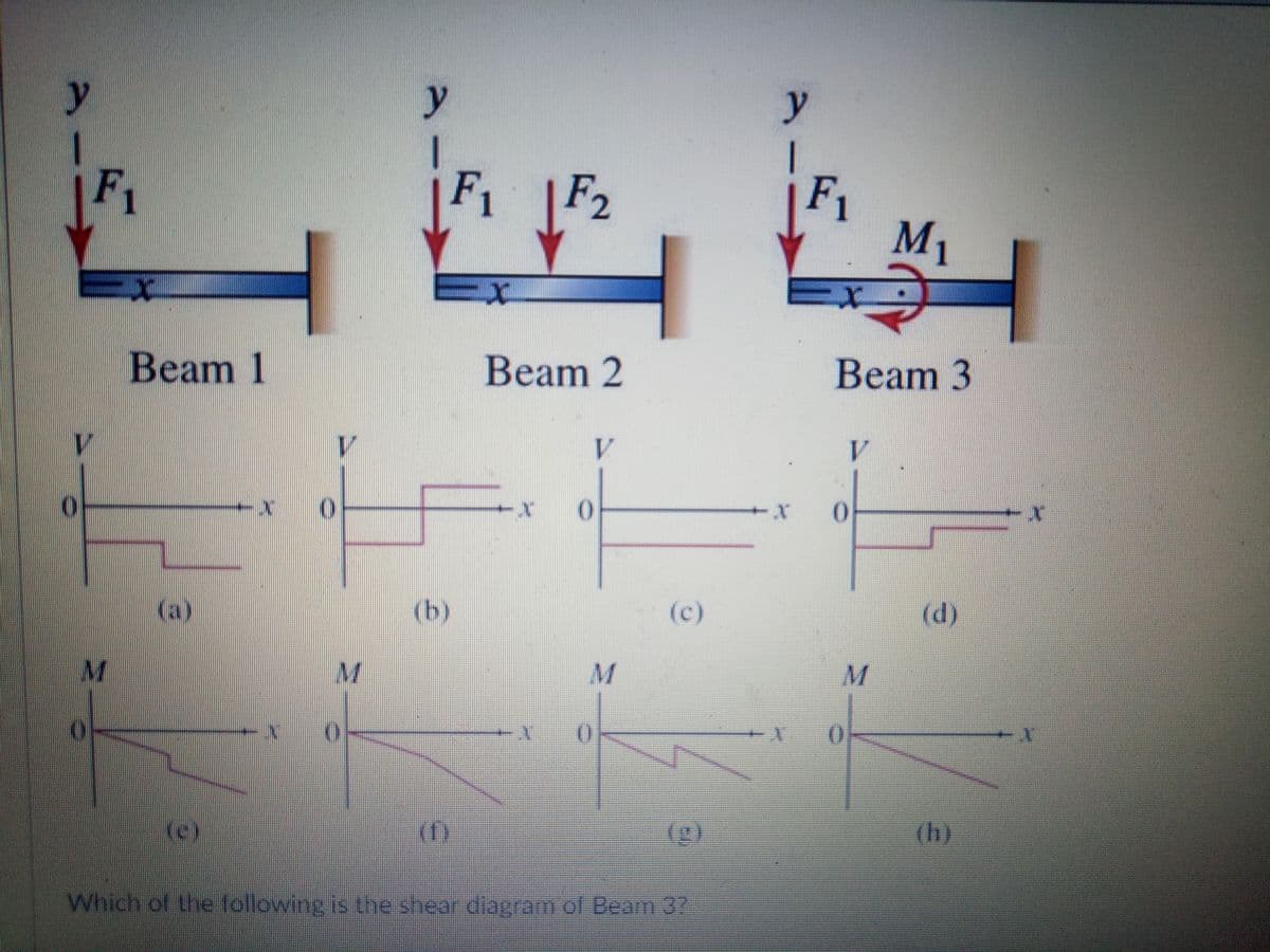 y
y
y
F1
M1
F1
F1
F2
Beam 1
Beam 2
Beam 3
V.
V
x+
(b)
(c)
(d)
(a)
(h)
()
Which of the following is the shear diagram of Beam 37
