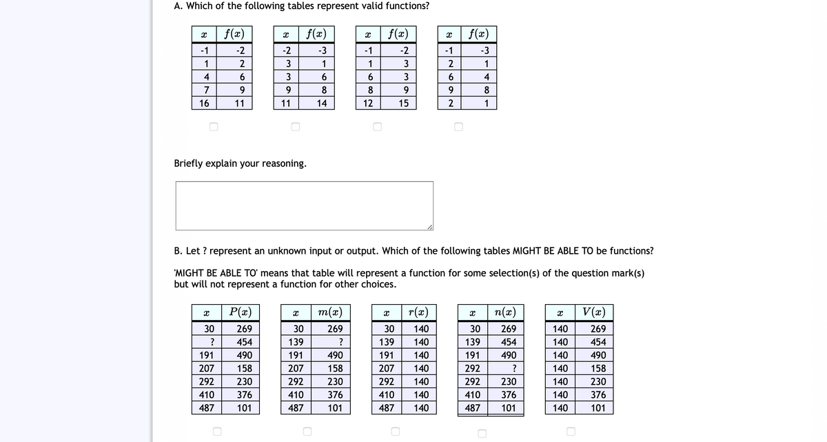 A. Which of the following tables represent valid functions?
f(x)
f(x)
f(x)
f(x)
-1
-2
-2
-3
-1
-2
-1
-3
1
1
1
3
2
1
4
6.
3
6
6.
3
6.
4
7
9
9.
8
8
9.
8
16
11
11
14
12
15
2
1
Briefly explain your reasoning.
B. Let ? represent an unknown input or output. Which of the following tables MIGHT BE ABLE TO be functions?
'MIGHT BE ABLE TO' means that table will represent a function for some selection(s) of the question mark(s)
but will not represent a function for other choices.
P(x)
m(x)
r(x)
n(x)
V(x)
30
269
30
269
30
140
30
269
140
269
454
139
?
139
140
139
454
140
454
191
490
191
490
191
140
191
490
140
490
207
158
207
158
207
140
292
140
158
292
230
292
230
292
140
292
230
140
230
410
376
410
376
410
140
410
376
140
376
487
101
487
101
487
140
487
101
140
101
