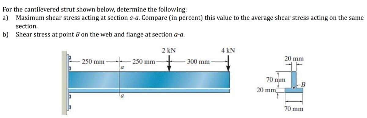 For the cantilevered strut shown below, determine the following:
a) Maximum shear stress acting at section a-a. Compare (in percent) this value to the average shear stress acting on the same
section.
b) Shear stress at point B on the web and flange at section a-a.
250 mm
a
250 mm-
2 kN
300 mm
4 kN
20 mm
70 mm
20 mm
B
70 mm