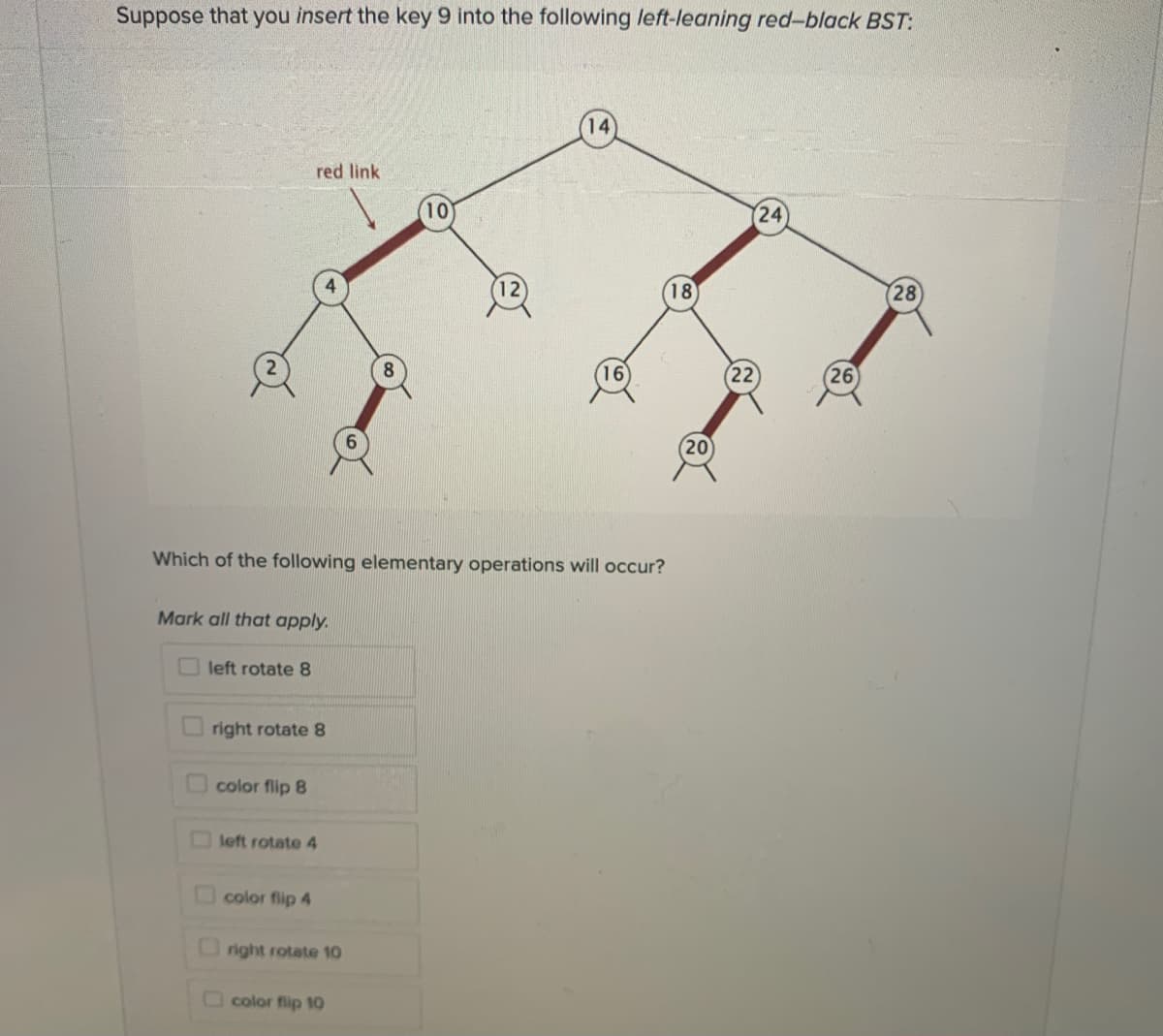 Suppose that you insert the key 9 into the following left-leaning red-black BST:
14
red link
24
4
18
28
16
26
20
Which of the following elementary operations will occur?
Mark all that apply.
O left rotate 8
right rotate 8
color flip 8
left rotate 4
color flip 4
right rotate 1O
color flip 10
