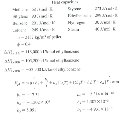 Heat capacities
Methane 68 J/mol · K
Styrene
273 J/nol·K
Ethylbenzene 299 J/nol ·K
30 J/mɔl · K
40 J/mɔl · K
Ethylene 90 J/mol · K
Benzene 201 J/mol·K
Hydrogen
Toluene 249 J/mol·K
Steam
p = 2137 kg/m³ of pellet
o = 0.4
AHaIEB = 118,000 kJ/kmol ethylbenzene
AHRx2EB
105,200 kJ/kmol ethylbenzene
AHRJEB = -53,900 kJ/kmol ethylbenzene
b2
Kp = exp{b, ++b, In (T')+ [(b,T+b;)T+ b,]"} atm
b, = -17.34
b, = -2.314 X 10-10
bz = -1.302X 104
b, = 1.302 X 10-5
%3D
bz = 5.051
b6
= -4.931 X 10-3
