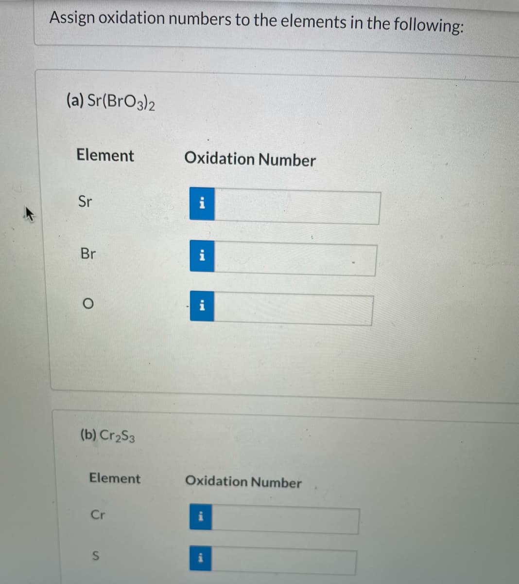 Assign oxidation numbers to the elements in the following:
(a) Sr(BrO3)2
Element
Oxidation Number
Sr
Br
(b) Cr2S3
Element
Oxidation Number
Cr
