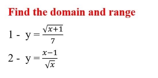 Find the domain and range
Vx+1
1- y =
7
X-1
2 - y =
