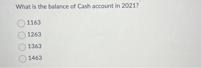 What is the balance of Cash account in 2021?
1163
1263
1363
1463