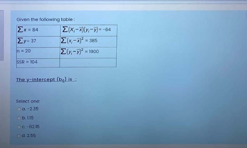 Given the following table :
Σx- 84
E(X,-x)(v,-7)=-64
%3D
E(x,-x)? = 385
Ey,-y) = 1900
ΣΥ- 37
%3D
n = 20
%3D
SSR = 104
%3D
The y-intercept (bo) is :
Select one:
Oa. -2.35
Ob. 1.15
OC. -62.15
d. 2.55
