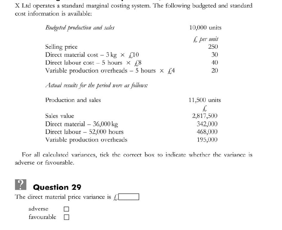 X Ltd operates a standard marginal costing system. The following budgeted and standard
cost information is available:
Budgeted production and sales
10,000 units
£ per unit
Selling price
Direct material cost - 3 kg x £10
Direct labour cost - 5 hours x £8
Variable production overheads - 5 hours x £4
250
30
|
40
20
Actual results for the period were as follows:
Production and sales
11,500 units
Sales value
2,817,500
342,000
468,000
195,000
Direct material – 36,000 kg
Direct labour - 52,000 hours
Variable production overheads
For all calculated variances, tick the correct box to indicate whether the variance is
adverse or favourable.
? Question 29
The direct material price variance is
adverse
favourable
