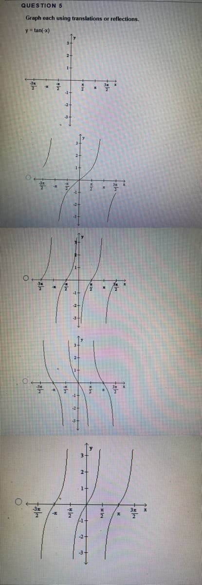 QUESTION5
Graph each using translations or reflections.
y = tan(-x)
1-
-1-
-1
2-
1+
3x
