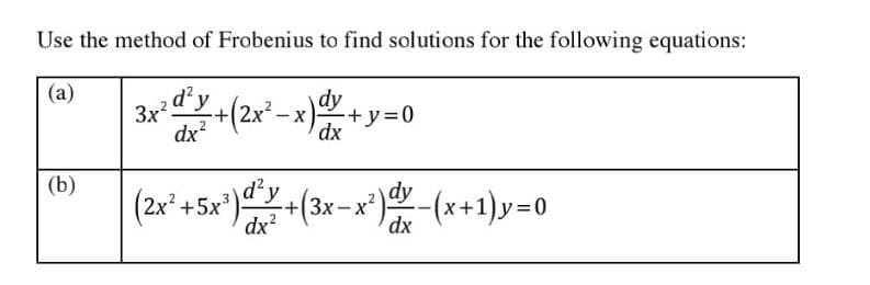 Use the method of Frobenius to find solutions for the following equations:
(a)
(b)
2 d²y
3x²
dy
++ (2x²-x) dv -+y=0
2
dx²
dx
(2x² + 5x²³)² + (3x-x²) dy-(x+1)y=0
d²y