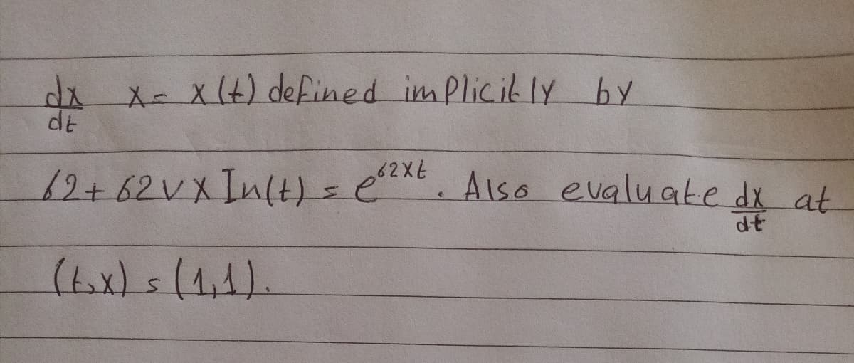 dr
X- x(+) defined implicik ly by
dt
19+62VXIn(t)=
2Xt. Also evaluate dx at
(t.x)s(1,4)
