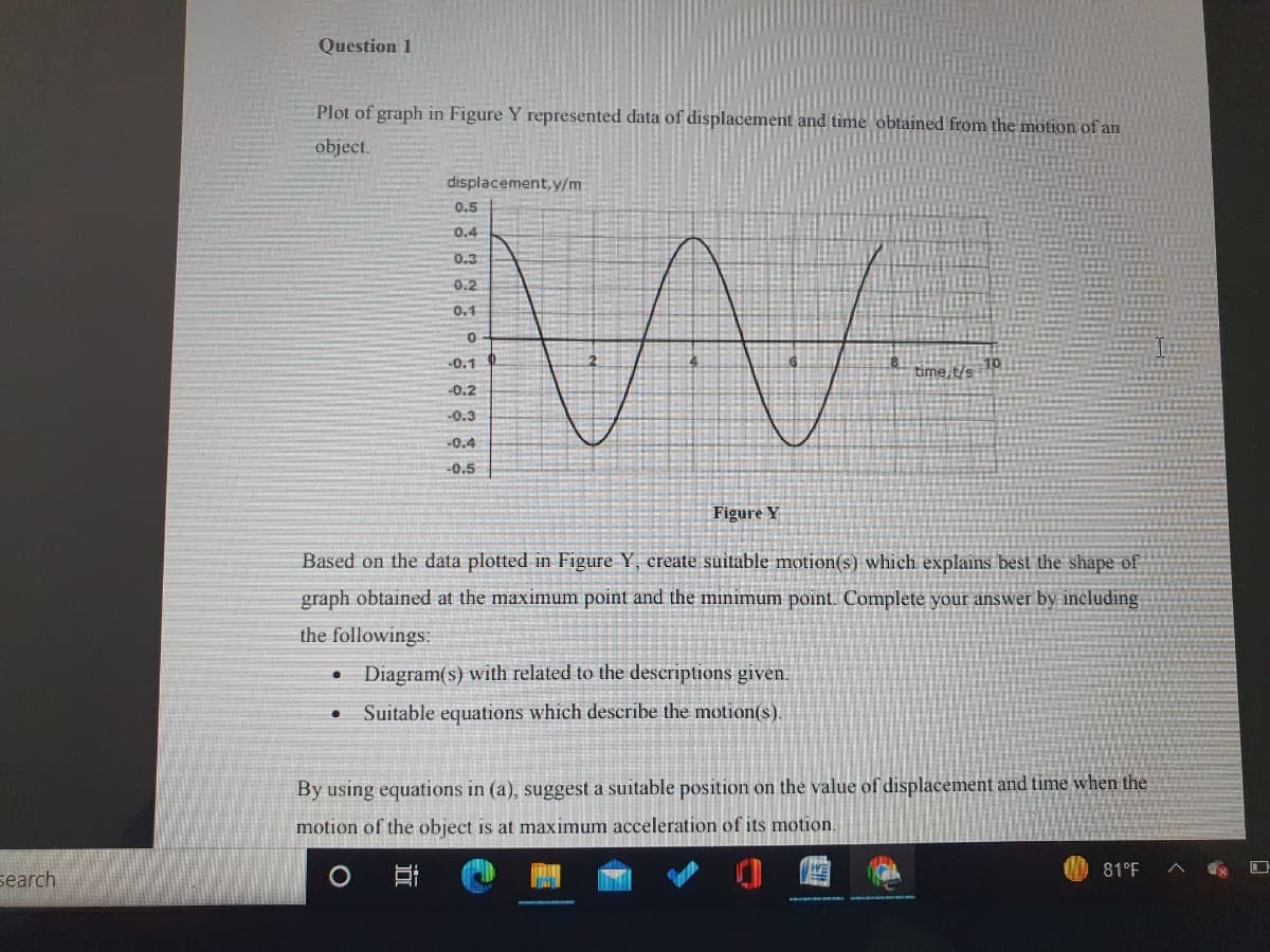 Question 1
Plot of graph in Figure Y represented data of displacement and time obtained from the motion of an
object.
displacement,y/m
0.5
0.4
0.3
0.2
0.1
-0.1
time,t/s
10
-0.2
-0.3
-0.4
-0.5
Figure Y
Based on the data plotted in Figure Y, create suitable motion(s) which explains best the shape of
graph obtained at the maximum point and the minimum point. Complete your answer by including
the followings:
Diagram(s) with related to the descriptions given.
Suitable equations which describe the motion(s).
By using equations in (a), suggest a suitable position on the value of displacement and time when the
motion of the object is at maximum acceleration of its motion.
81°F
search
