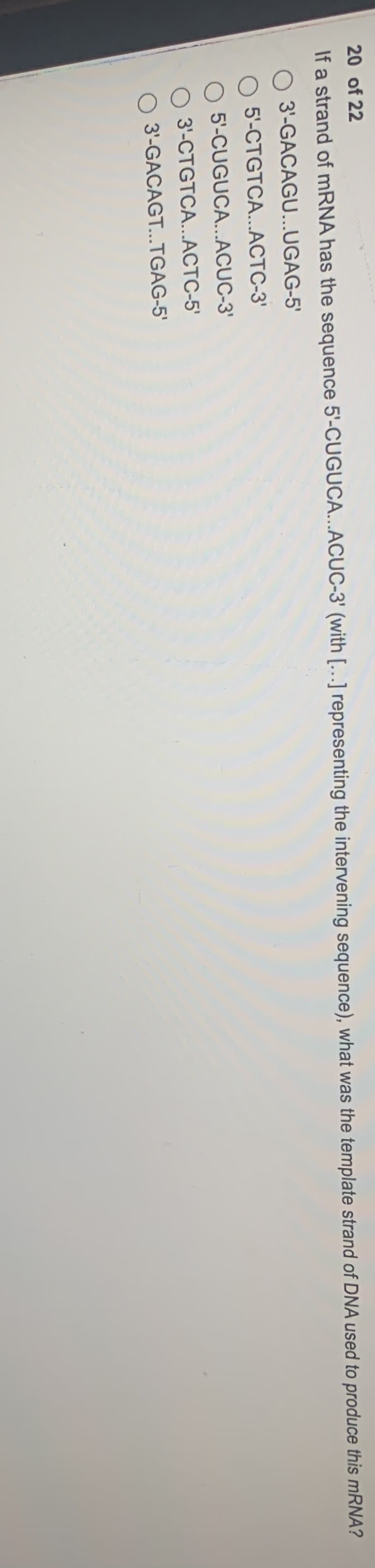 20 of 22
If a strand of MRNA has the sequence 5'-CUGUCA...ACUC-3' (with […] representing the intervening sequence), what was the template strand of DNA used to produce this mRNA?
3'-GACAGU...UGAG-5'
5'-CTGTCA...ACTC-3'
5'-CUGUCA...ACUC-3'
3'-CTGTCA...ACTC-5'
3'-GACAGT...TGAG-5'
