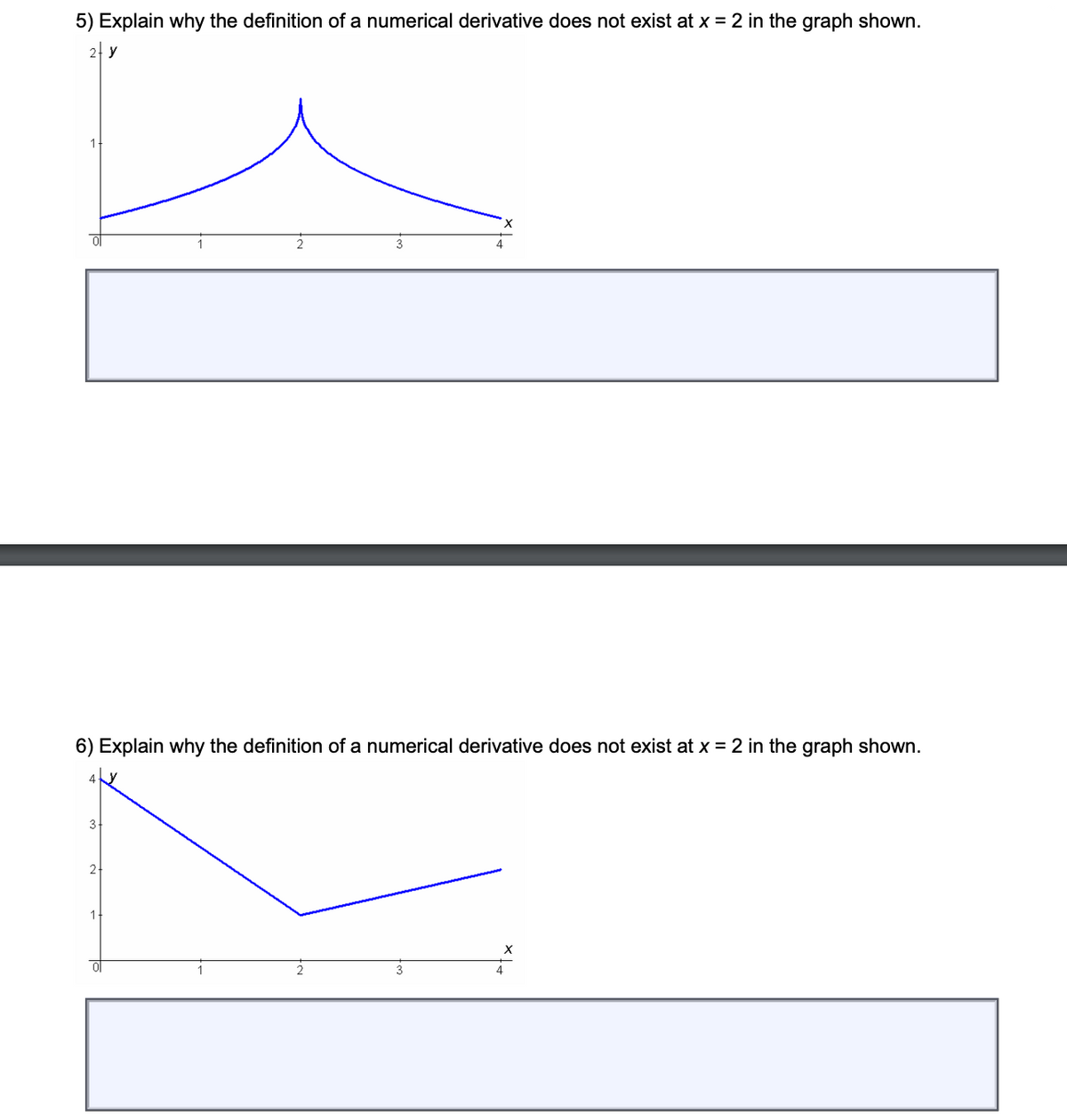 5) Explain why the definition of a numerical derivative does not exist at x = 2 in the graph shown.
y
X.
ol
3.
6) Explain why the definition of a numerical derivative does not exist at x = 2 in the graph shown.
3
2-
1.
X
4
