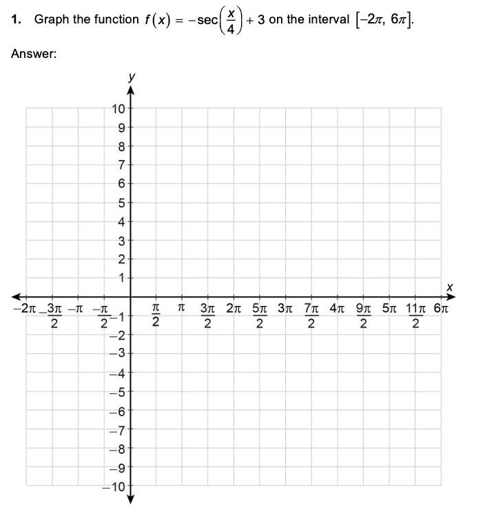 1. Graph the function f(x) =
+ 3 on the interval [-27, 67].
4
Answer:
y
10
8
7
5
4
2
-2n _3n –T -
3π2π 5π 3π 7π 4π 9π 5π 11π 6π
2
2
2
2
2
-2
-3
-4
-5
-6
-7
-8
-9
-10
CO
