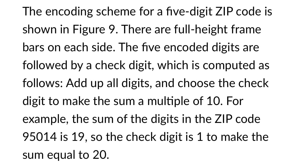 The encoding scheme for a five-digit ZIP code is
shown in Figure 9. There are full-height frame
bars on each side. The five encoded digits are
followed by a check digit, which is computed as
follows: Add up all digits, and choose the check
digit to make the sum a multiple of 10. For
example, the sum of the digits in the ZIP code
95014 is 19, so the check digit is 1 to make the
sum equal to 20.
