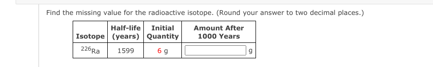 Find the missing value for the radioactive isotope. (Round your answer to two decimal places.)
Half-life
Initial
Amount After
Isotope (years) Quantity
1000 Years
226Ra
1599
6 g
