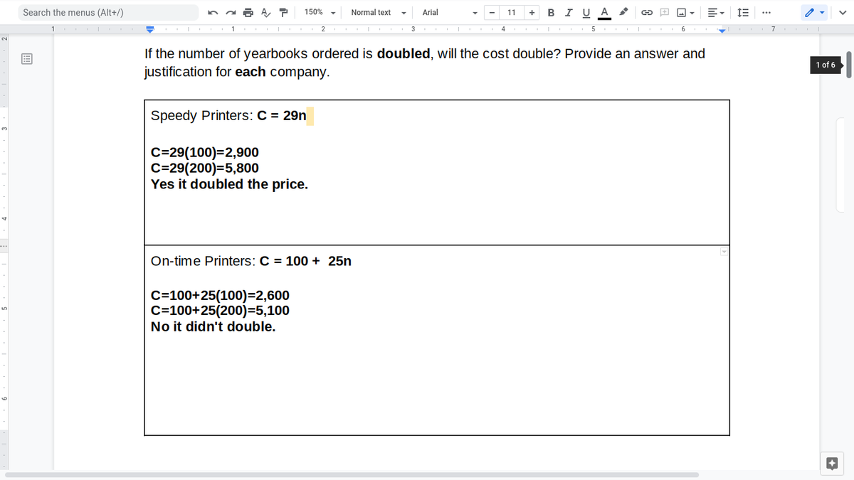 Search the menus (Alt+/)
150% -
Normal text
Arial
+ B IU A
11
1
4
5
2.
If the number of yearbooks ordered is doubled, will the cost double? Provide an answer and
1 of 6
justification for each company.
Speedy Printers: C = 29n
C=29(100)=2,900
C=29(200)=5,800
Yes it doubled the price.
On-time Printers: C = 100 + 25n
C=100+25(100)=2,600
C=100+25(200)=5,100
No it didn't double.
