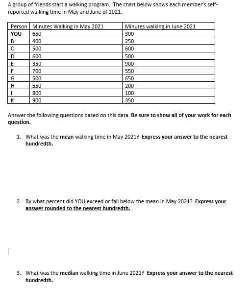 A group of friends start a walking program. The chart below shows each member's self-
reported walking time in May and June of 2021.
Person Minutes Walking in May 2021
Minutes walking in June 2021
YOU
650
300
В
400
250
500
600
600
500
E
350
900
F
700
550
G
500
650
H
550
200
800
100
900
350
Answer the following questions based on this data. Be sure to show all of your work for each
question.
1. What was the mean walking time in May 2021? Express your answer to the nearest
hundredth.
2. By what percent did YOU exceed or fall below the mean in May 2021? Express your
answer rounded to the nearest hundredth.
3. What was the median walking time in June 2021? Express your answer to the nearest
hundredth.
