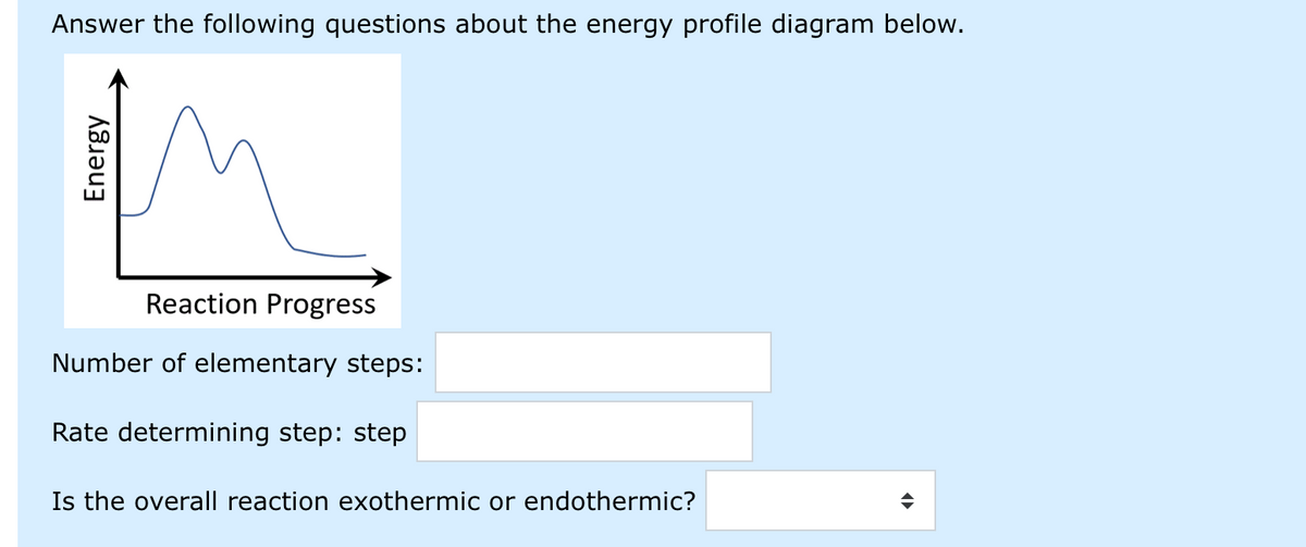 Answer the following questions about the energy profile diagram below.
Reaction Progress
Number of elementary steps:
Rate determining step: step
Is the overall reaction exothermic or endothermic?
Energy
