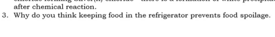 after chemical reaction.
3. Why do you think keeping food in the refrigerator prevents food spoilage.
