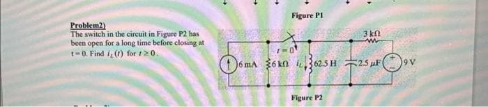 Problem2)
The switch in the circuit in Figure P2 has
been open for a long time before closing at
t-0. Find i, (f) for 1 20.
Figure Pl
3 kΩ
m
1-0
6 mA 36 kn 362.5 H25 F (
Figure P2
9V