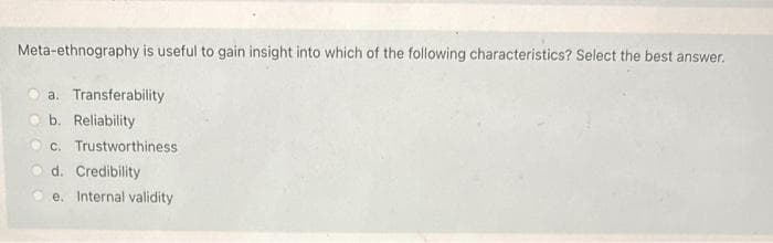 Meta-ethnography is useful to gain insight into which of the following characteristics? Select the best answer.
a. Transferability
b. Reliability
c. Trustworthiness
d. Credibility
e. Internal validity