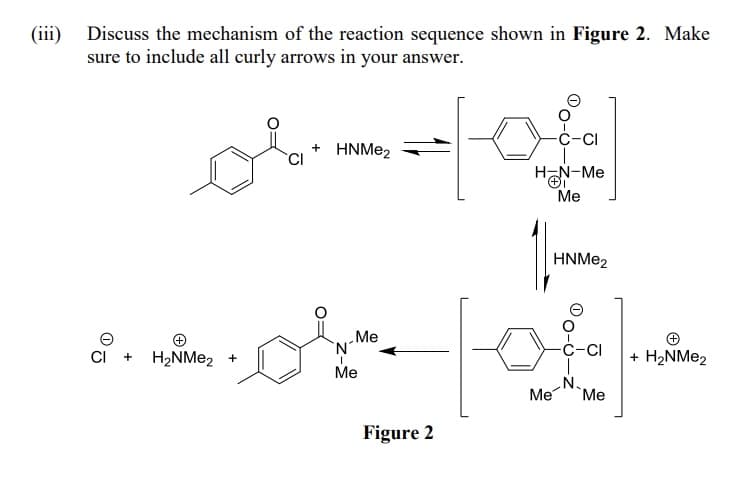 (iii)
Discuss the mechanism of the reaction sequence shown in Figure 2. Make
sure to include all curly arrows in your answer.
CI +
I
CI
(+
H₂NMe2 +
+ HNMe₂
سلم
'N'
2/20
N.
Me Me
Figure 2
Me
-C-CI
HON-Me
Me
Me
HNMe2
-Ċ-CI
+ H₂NMe₂